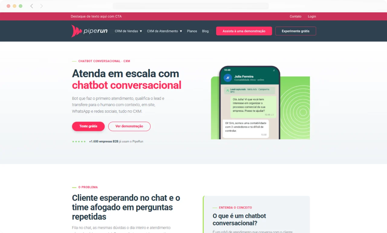 Landing page do chatbot conversacional da PipeRun exibida em um navegador