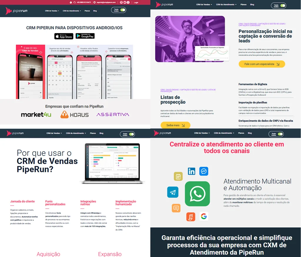 Mosaico de páginas antigas do site da PipeRun, cada uma com um layout diferente