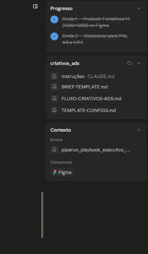 Painel do agente de IA acompanhando o progresso da geração dos criativos
