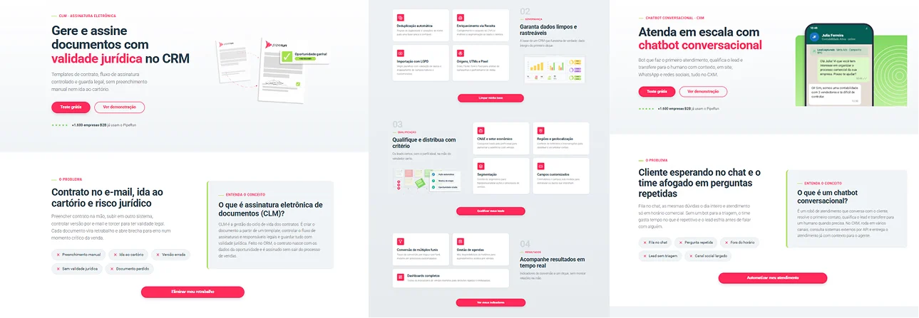 Novas páginas padronizadas do site da PipeRun lado a lado, com hierarquia e componentes consistentes