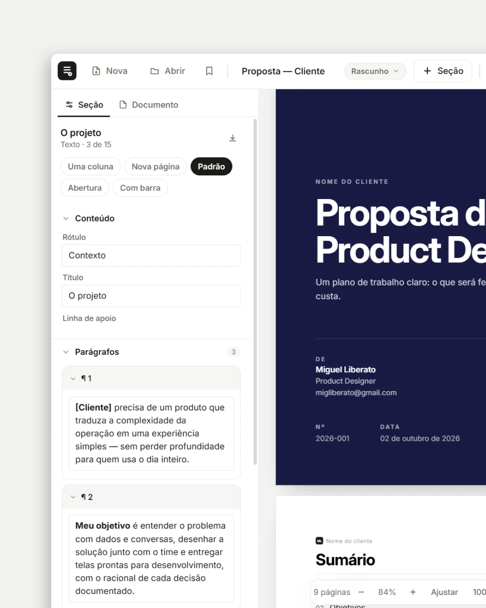 Editor do Gerador de Propostas com o painel de edição da seção e a capa de uma proposta aberta