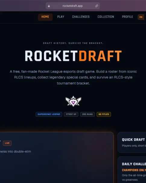 Tela do Rocket Draft, jogo de draft sobre a história competitiva de Rocket League
