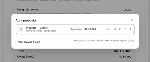 Janela Abrir proposta com uma proposta salva, seu status, o valor total e as ações de editar, duplicar, baixar e excluir