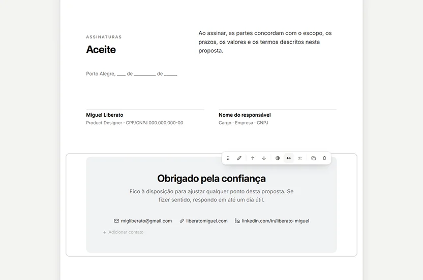 Fim da proposta no editor: bloco de aceite com as assinaturas das duas partes e o encerramento com agradecimento e contatos