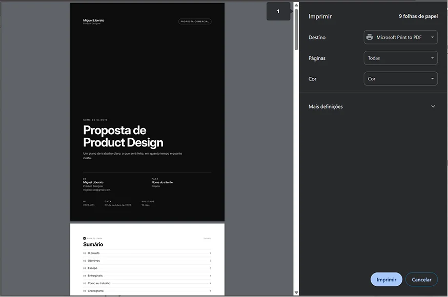 Janela de impressão do navegador gerando o PDF da proposta, com a capa e o sumário na pré-visualização e nove folhas no total