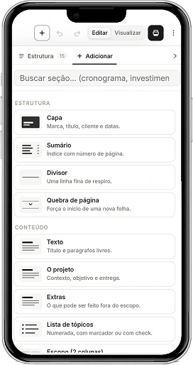 Gerador de Propostas no celular, com a aba Adicionar aberta e os blocos de estrutura e conteúdo