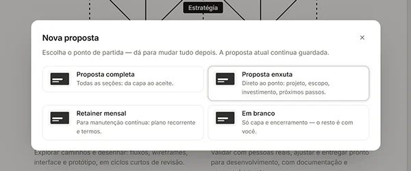 Janela Nova proposta com os pontos de partida: proposta completa, proposta enxuta, retainer mensal e em branco