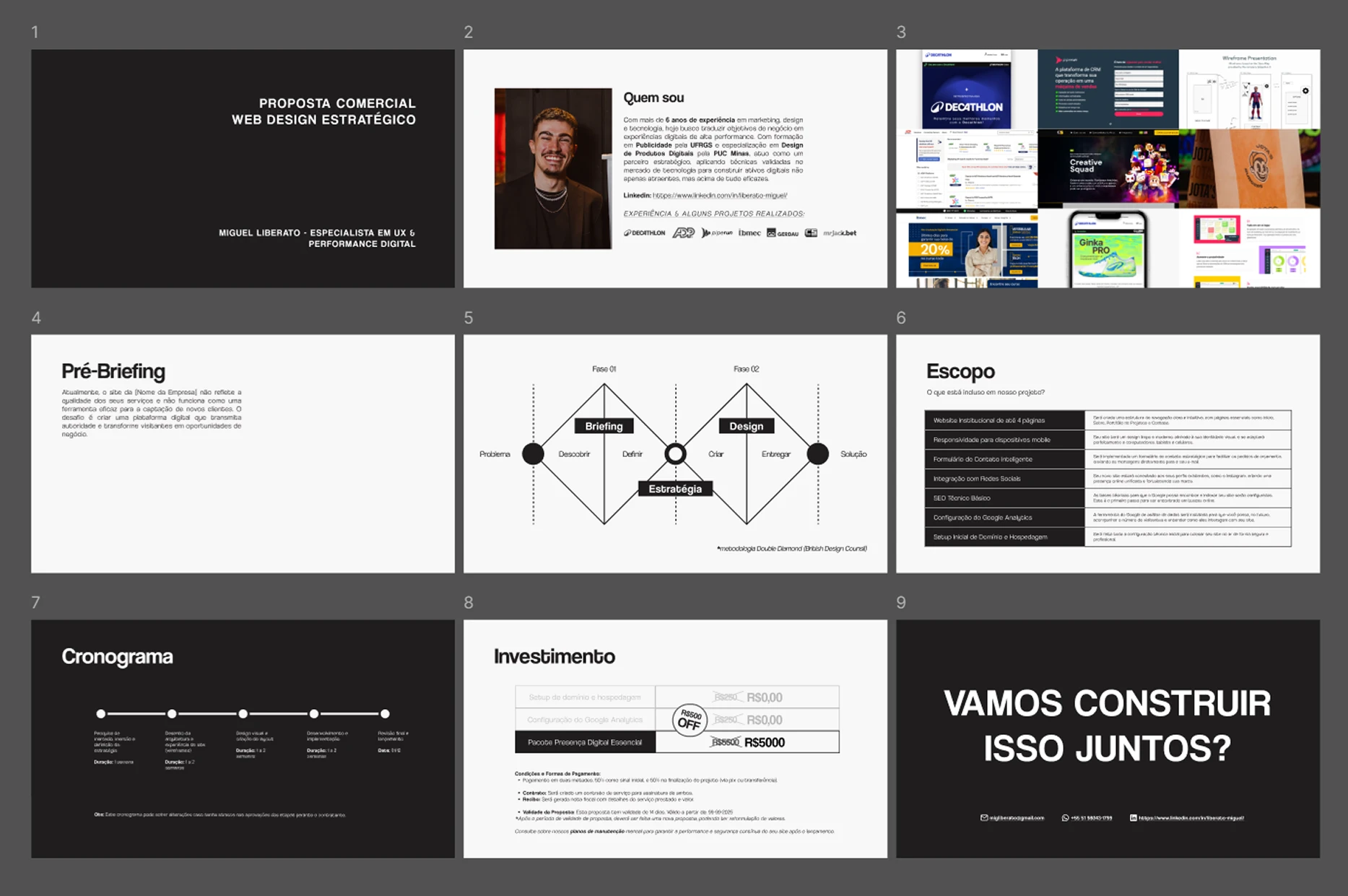 As nove páginas de uma proposta comercial antiga de web design: capa, apresentação, portfólio, pré-briefing, metodologia, escopo, cronograma, investimento e encerramento