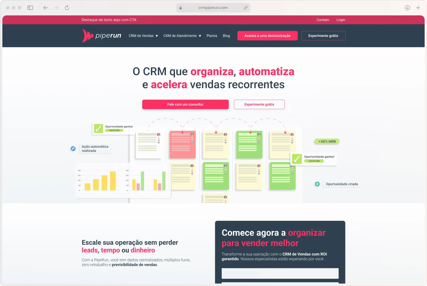 Hero da nova Home do CRM PipeRun em um navegador, com a chamada “O CRM que organiza, automatiza e acelera vendas recorrentes”