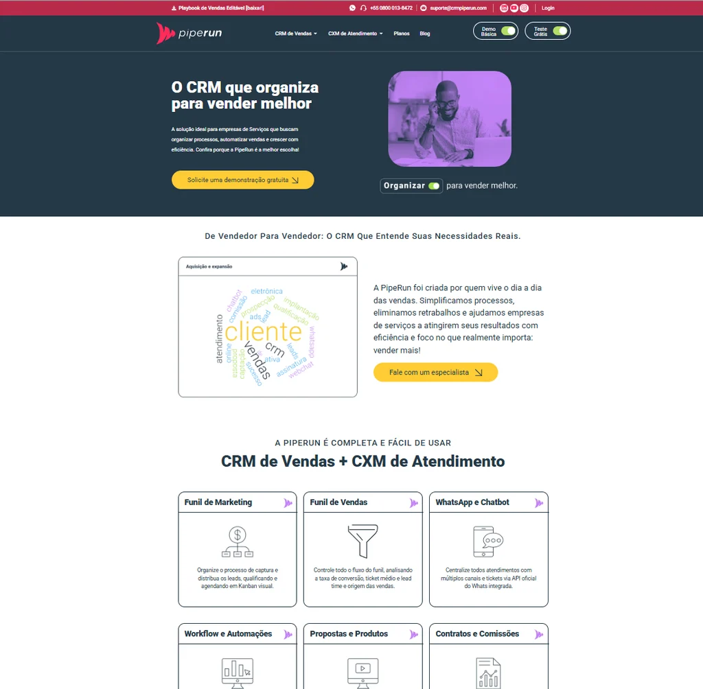 Captura da Home antiga do CRM PipeRun, com blocos densos de texto e hierarquia visual pouco clara
