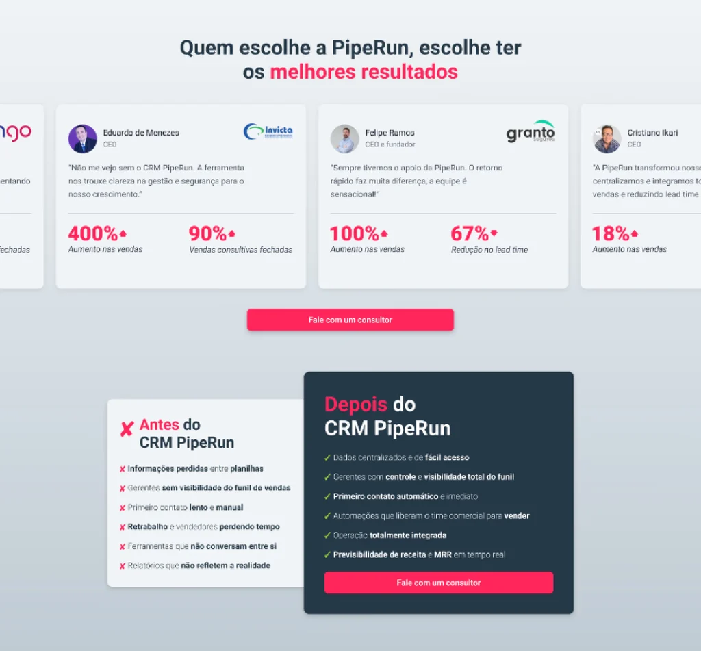 Seções de depoimentos e comparação usadas para reforçar confiança