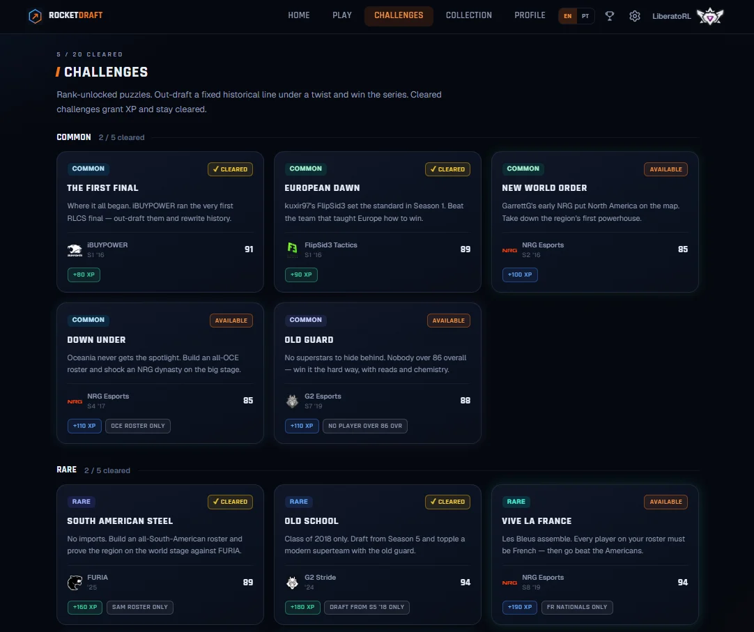 Tela de desafios do Rocket Draft, com puzzles históricos separados por raridade e recompensa de XP