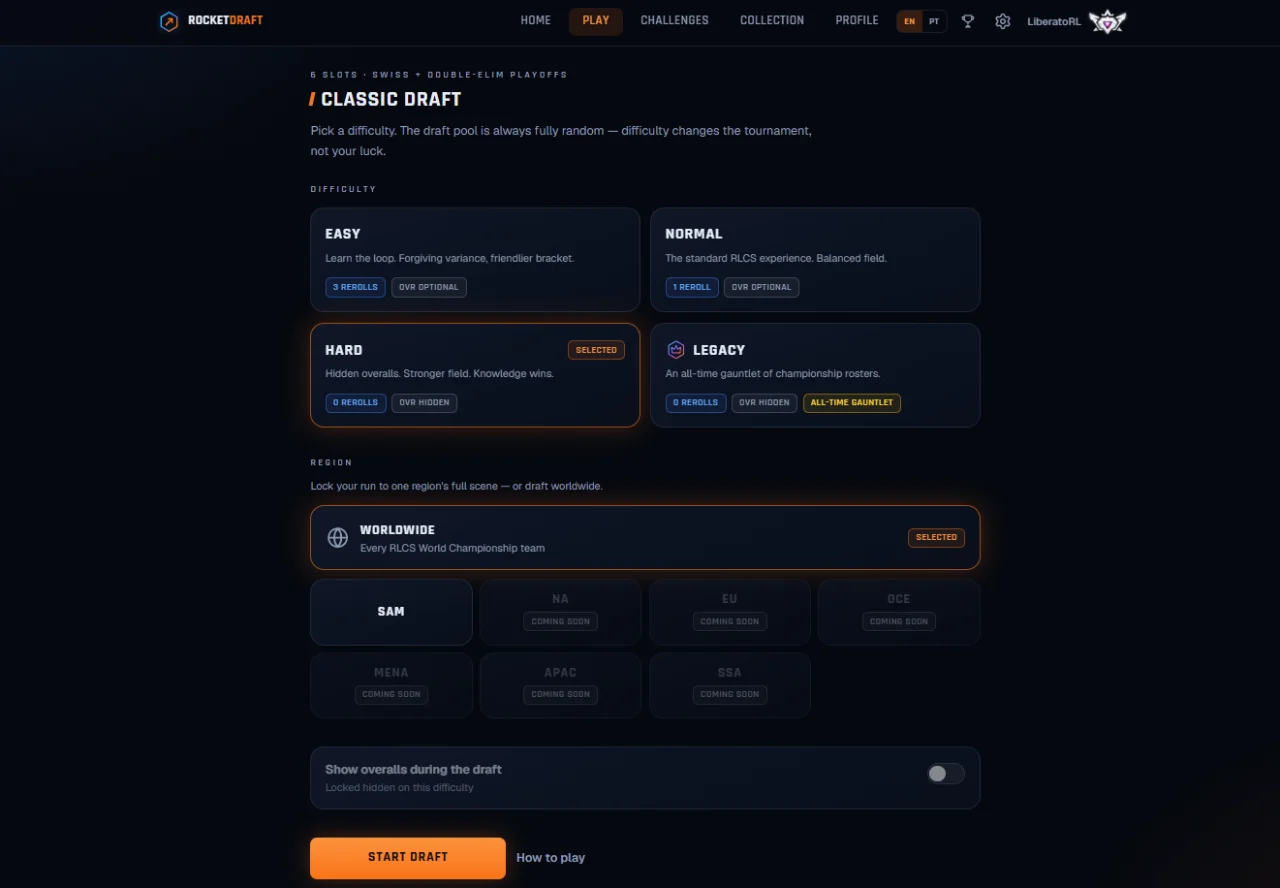 Tela de configuração do Classic Draft com as dificuldades Easy, Normal, Hard e Legacy e a seleção de região, incluindo SAM